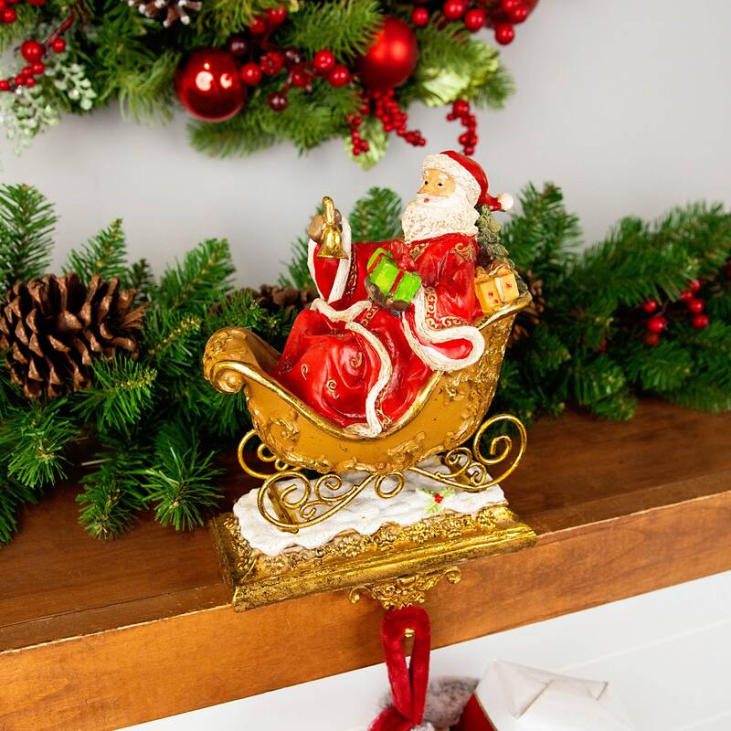 Set of 2 Gold Santa Reindeer Glittered Christmas Stocking Holders 9.5"