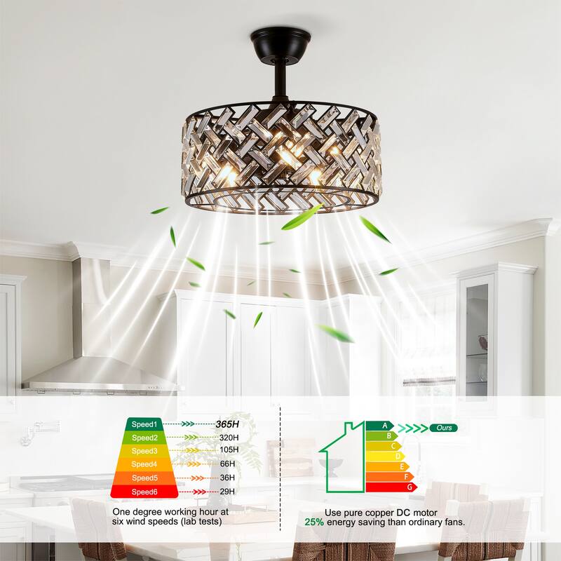 Sofucor 18" Bladeless Crystal Caged Ceiling Fan with Light,Remote,6 Speed Enclosed,Reversible Motor for Bedroom Living Room