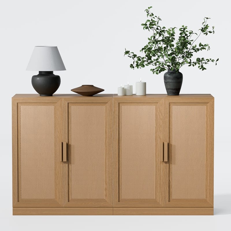 Modern Sideboard Cabinet with 4-Doors Rattan Panels Buffet Console Accent Storage Cabinet for Hallway Entryway Dining Room