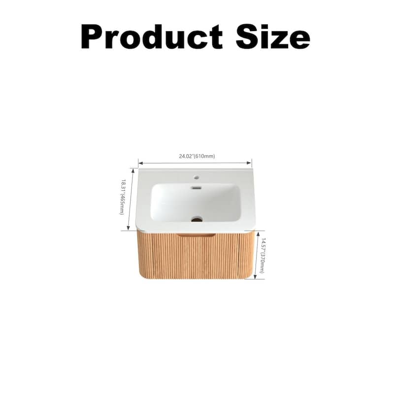 24" Wall-Mounted Floating Bathroom Vanity Pre-Assembled Curved Edge Storage Bathroom Cabinet with White Ceramic Basin