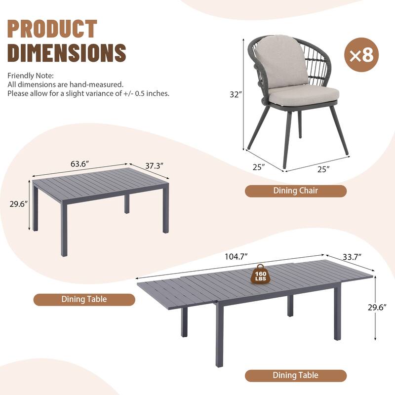 9-Piece Rope-Woven Aluminum Outdoor Dining Set with Extendable Table