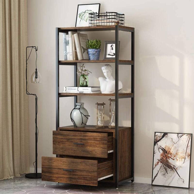 4-Tier Rustic Bookcases with 2 Drawers, Etagere Standard Book Shelves Display Shelf for Home Office