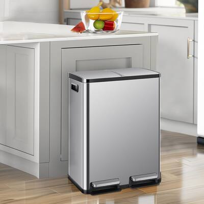 16-Gallon Stainless Steel Kitchen Trash Can with Dual 30-Liter Bins and Soft-Close Foot Pedal