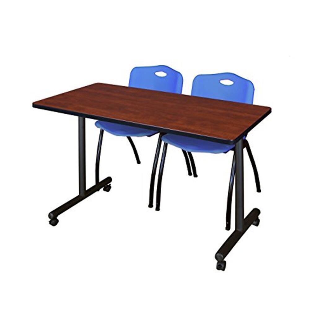 48" x 24" Mobile Training Table- Cherry & 2 'M' Stack Chairs- Blue