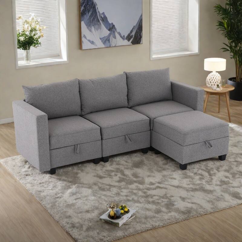87" Burlap Modular L-Shaped 3-Seater Sectional Sofa with Convertible Chaise Ottoman and Built-in Storage - Dawn Grey