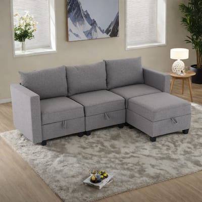 87" Burlap Modular L-Shaped 3-Seater Sectional Sofa with Convertible Chaise Ottoman and Built-in Storage