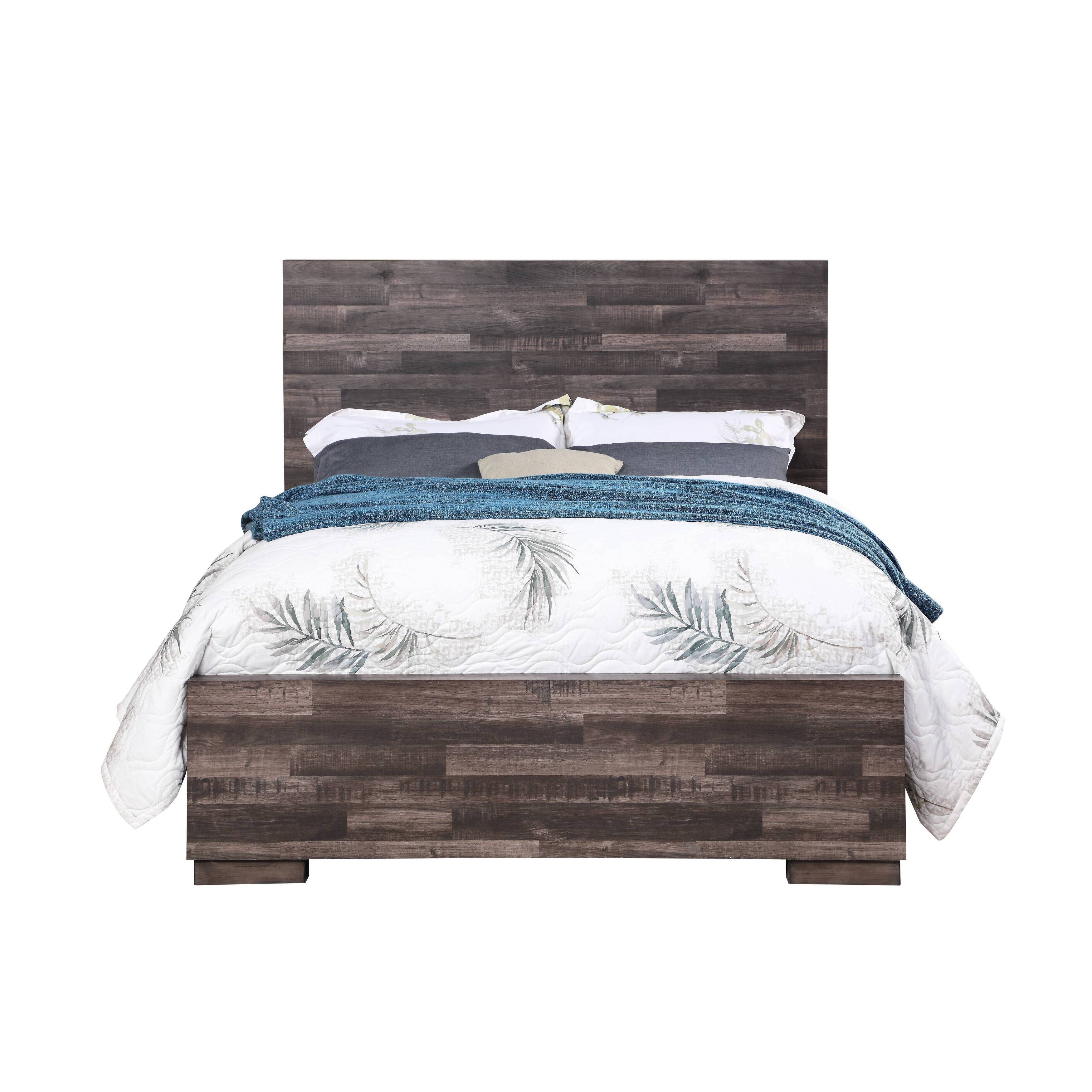 Dark Oak Finish Queen Bed Butcher Block Look, Transitional Rustic