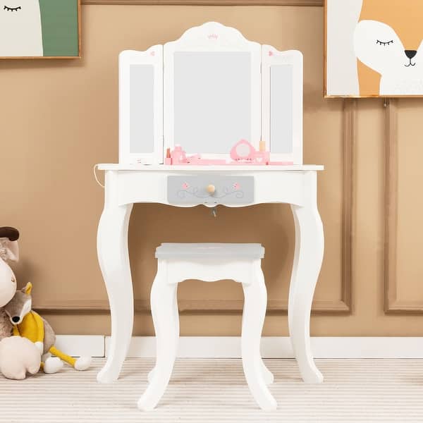 slide 2 of 23, Gymax Kids Vanity Set Makeup Table & Chair Tri-folding Mirror Sweet