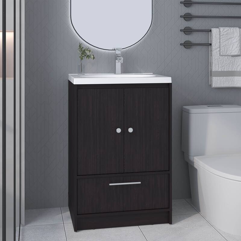 Black Wengue Bathroom Vanity - 2 Doors & 1 Drawer, 23.6" Wide, Engineered Wood Storage - Black