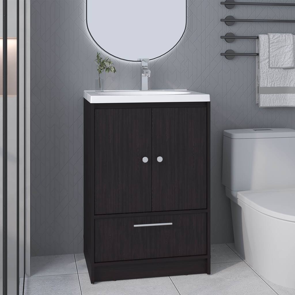 Black Wengue Bathroom Vanity - 2 Doors & 1 Drawer, 23.6" Wide, Engineered Wood Storage