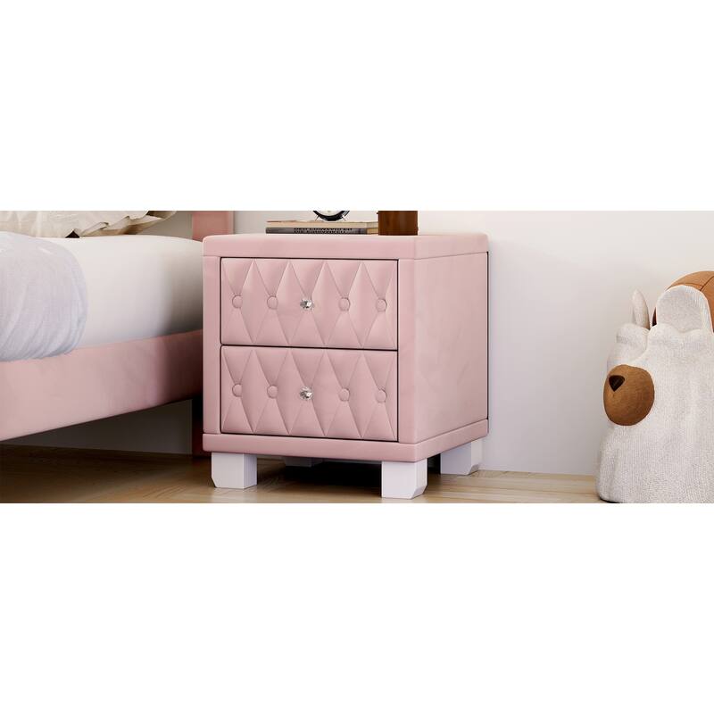 Elegant Velvet 2-Drawer Nightstand with Crystal Handles - Button-Tufted Storage Bedside Table (Pink)
