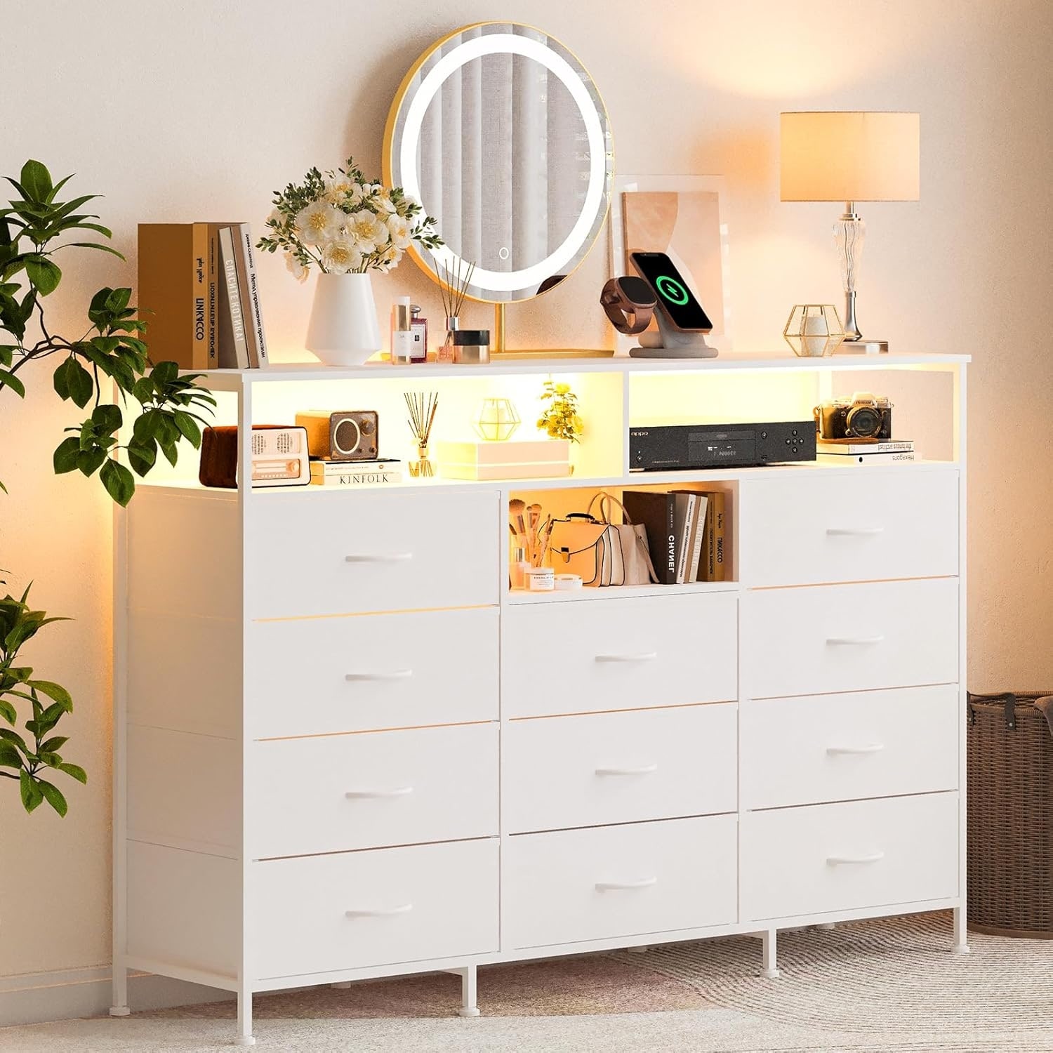 11 Drawer Fabric Dresser with LED & Power Outlet, Steel Frame Storage Organizer