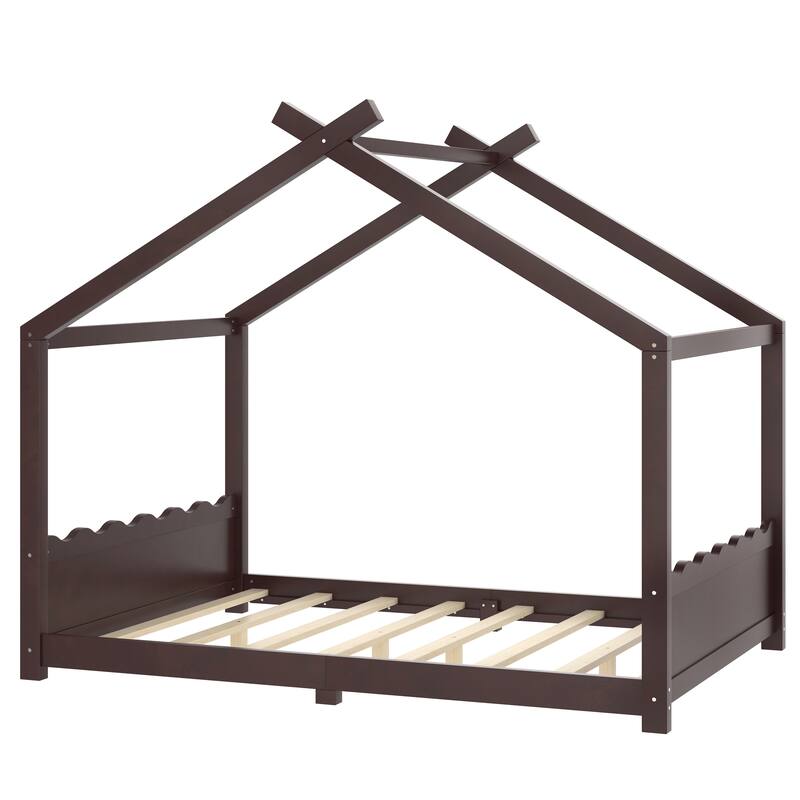 Full House Floor Bed with Support Slats, Solid Wood House Bed Frame for Kids, No Box Spring Needed