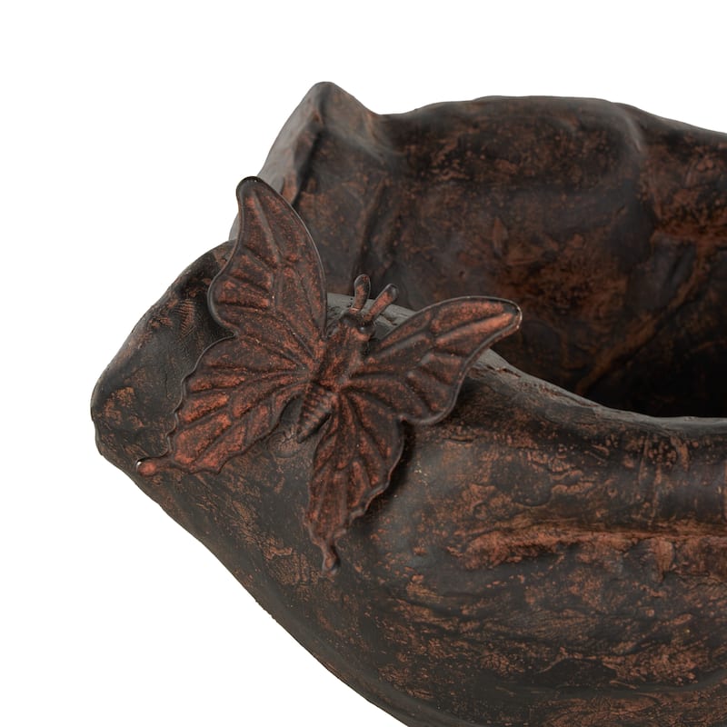 Dark Brown Resin Open Hands Decorative Sculpture with Butterfly and Copper Accents - 8"W x 8"L x 5"H