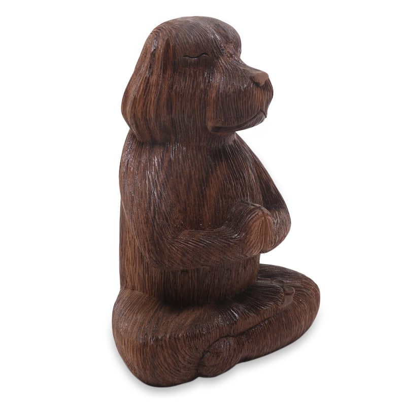 Novica Handmade Meditating Long-Haired Puppy Wood Sculpture