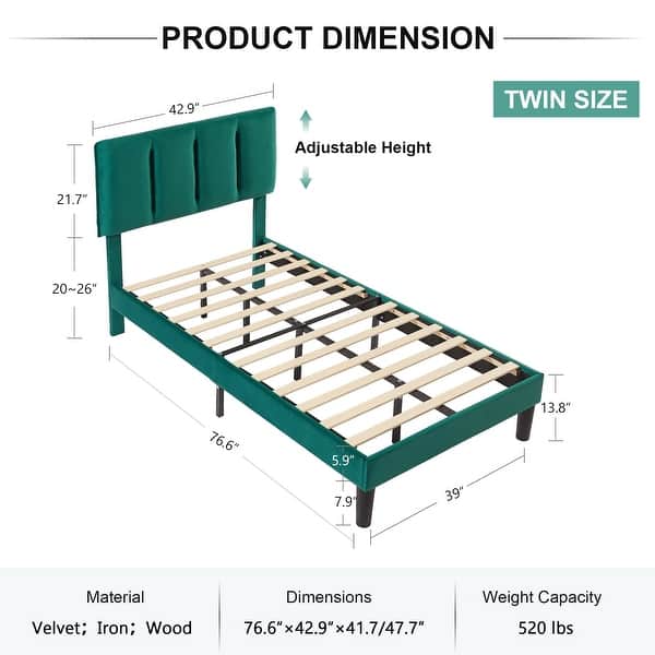 dimension image slide 4 of 10, Kids Bed Frame, Height Adjustable Upholstered Bed, Twin Size Bed Set of 2
