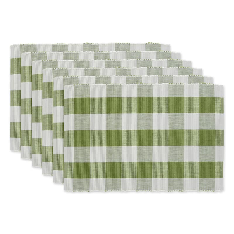 Checkered Ribbed Cotton Kitchen Placemats - 19" - Green and White - Set of 6