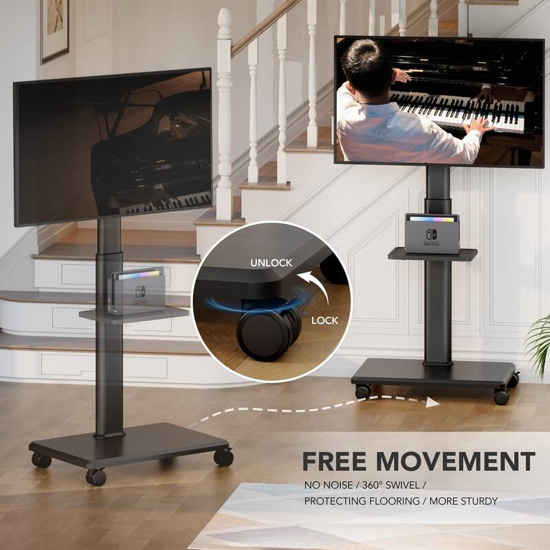 Mobile TV Stand for 27 to 65 Inch TVs, Portable Rolling TV Cart on Wheels
