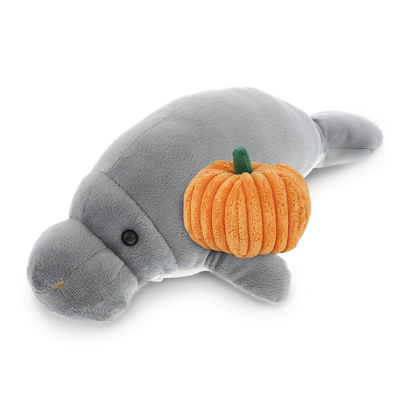 DolliBu Wild Collection Grey Manatee Stuffed Animal with Pumpkin Decor - 9 inches