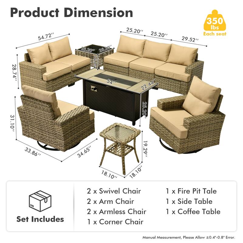 HOOOWOOO 10-piece Rattan Wicker Patio Outdoor Furniture Fire Pit Set with Swivel Rocking Chairs