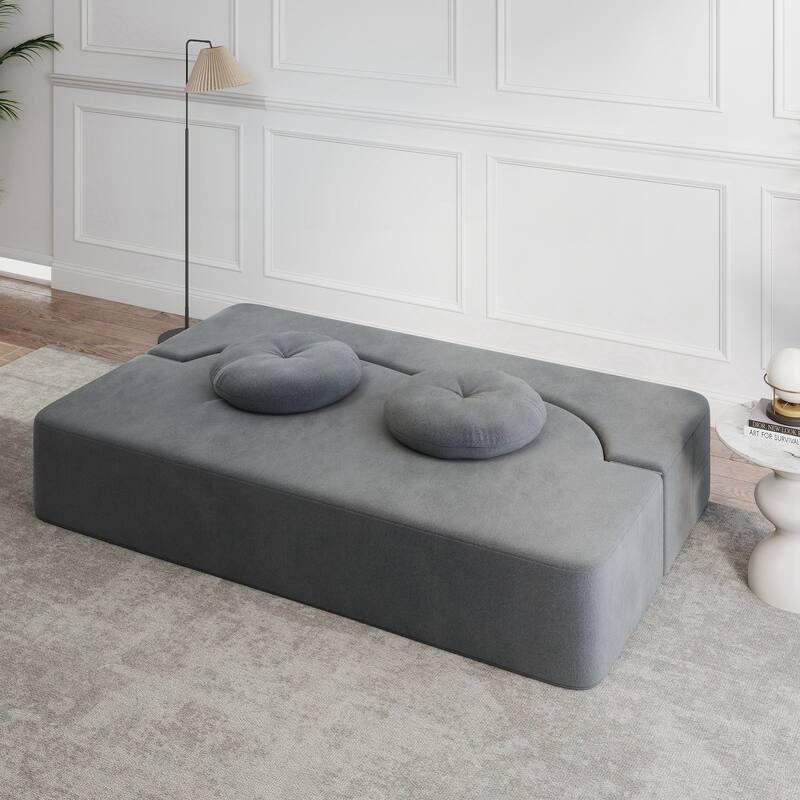 Modern Floor Sofa with 2 Pillows,Convertible Plush Corduroy Foam-Filled Sleeper Sofa Bed