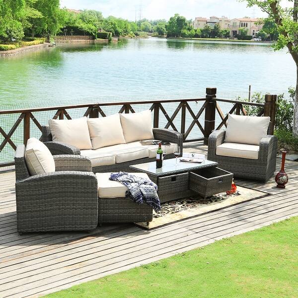Havenside Home Stillwater 5 Piece Wicker Patio Sofa Set Outdoor Chat Sets With Drawer Table Overstock 27589671