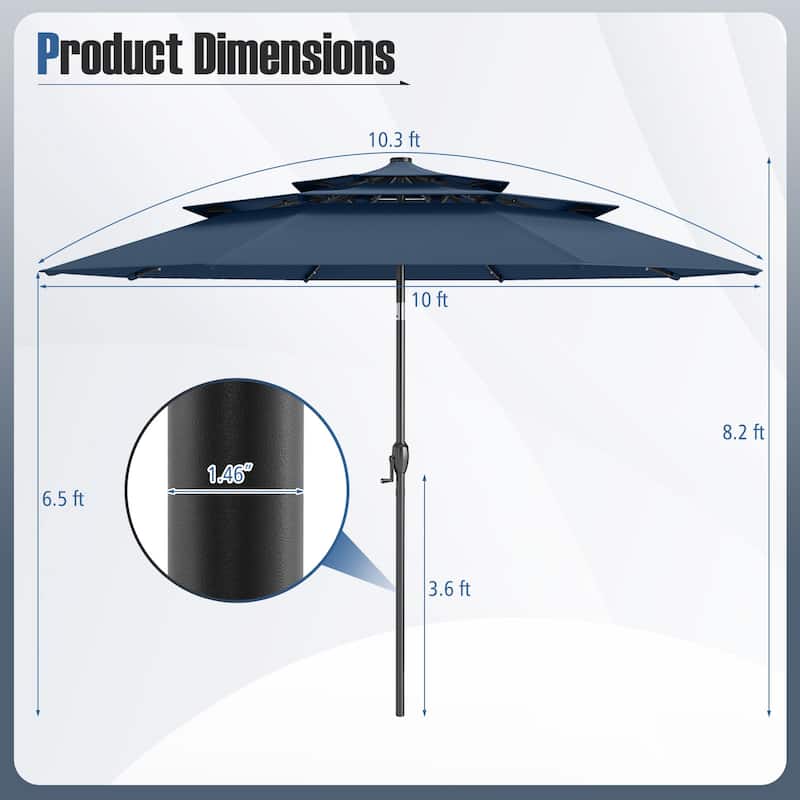 Gymax 10 FT Solar Patio Umbrella w/ 32 LED Lights 3-Tier Vented Top