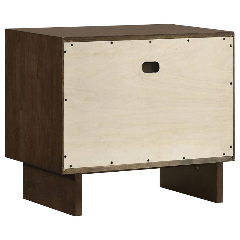 Warm Brown 2-Drawer Nightstand with Felt Lined Top Drawer, Mitered Trim, Wide Legs and Modern Wood Grain