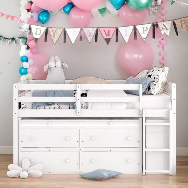 slide 2 of 35, Modern Full Size Loft Bed with Retractable Writing Desk and 4 Drawers and Lateral Portable Desk and Shelves White
