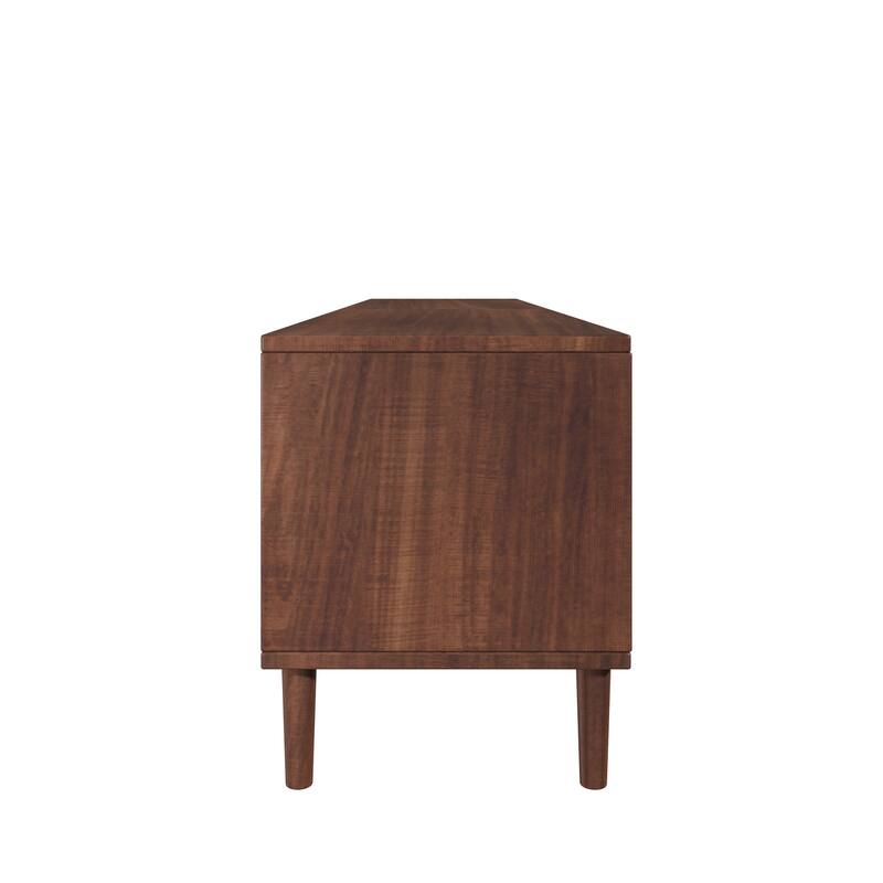 Dark Brown TV Cabinet with 4 Drawers, Mid-Century Modern Woven Rattan Doors TV Stand for TVs up to 85"