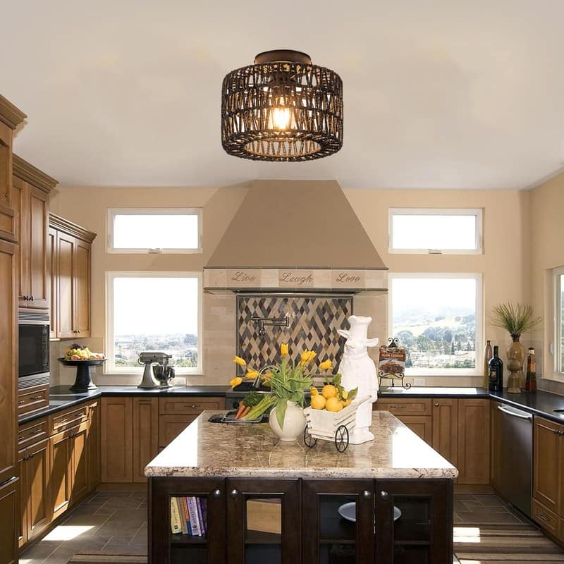 1 Light light fixture black bedroom light metal, rattan ceiling lighting