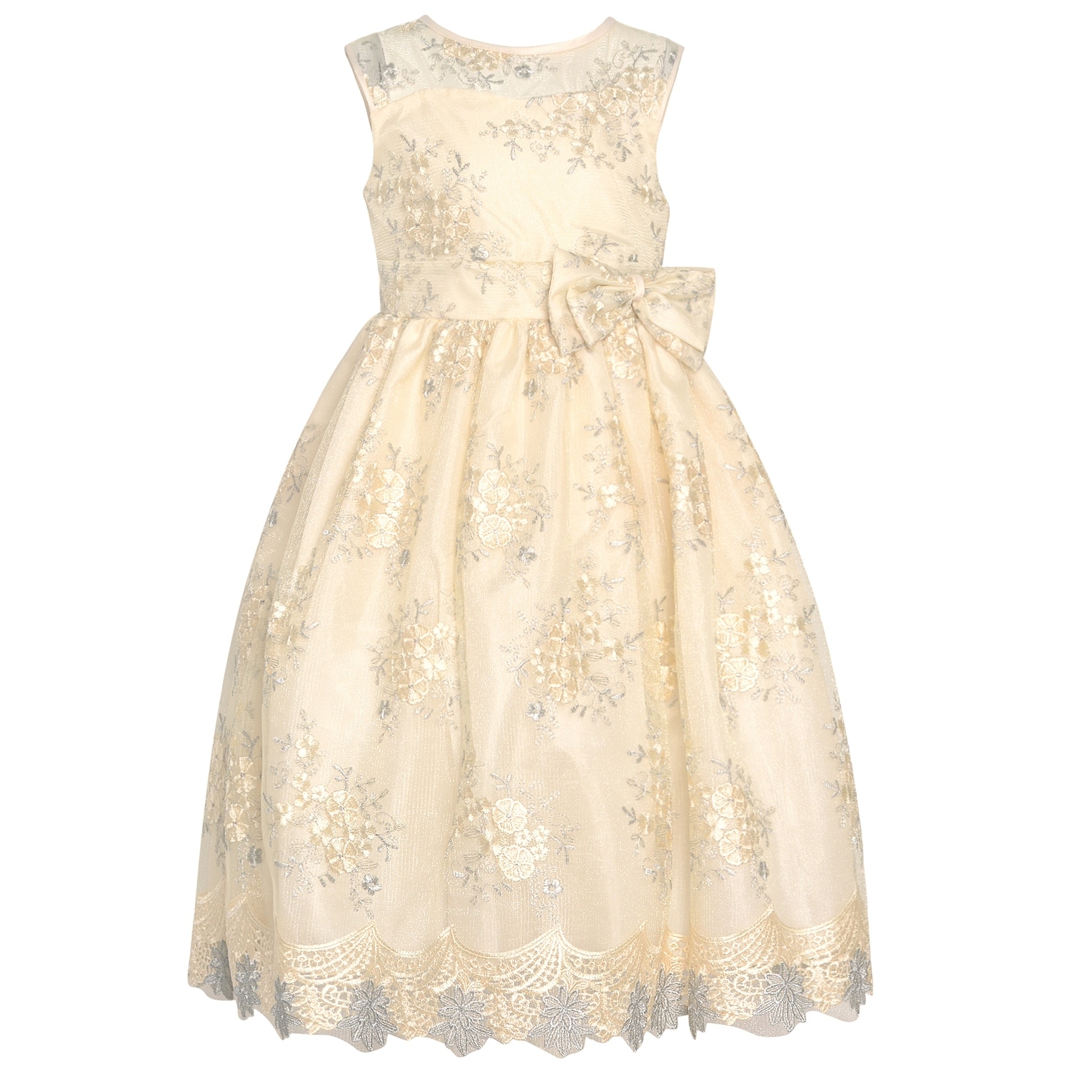 Shop Little Girls Ivory Mesh Illusion Neckline Solid Lace Flower