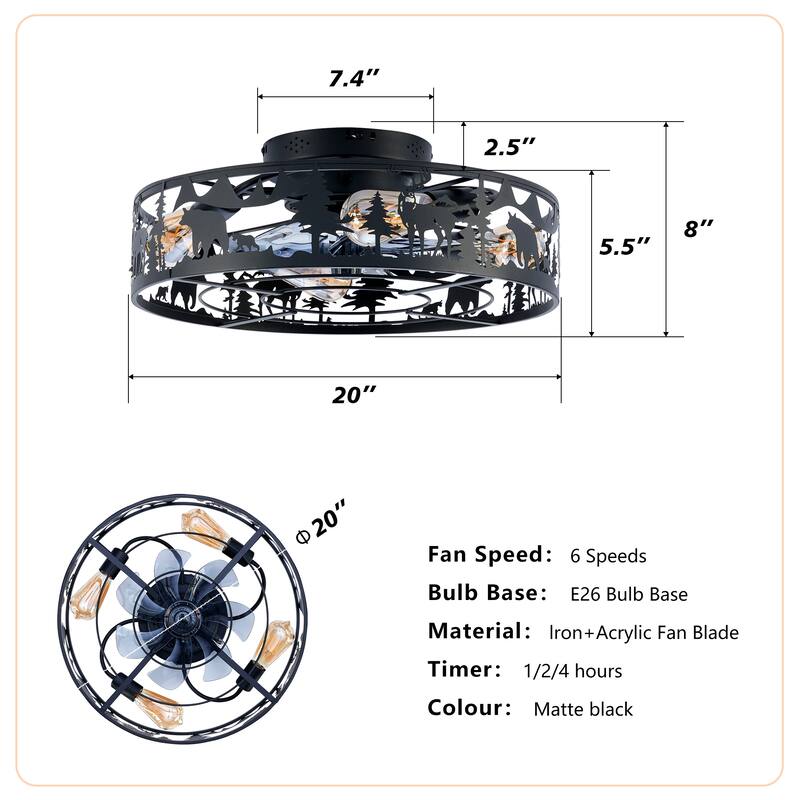 20" Caged Ceiling Fans with Remote, Bladeless Ceiling Fan 6 Speed Reversible with Remote Control - Matte Black