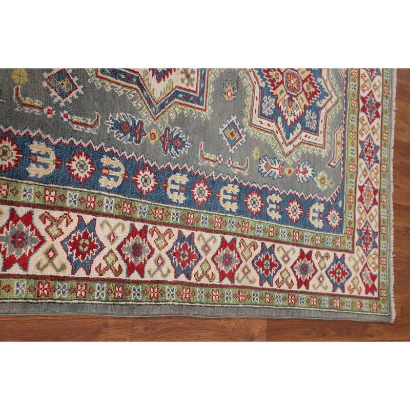 Geometric Kazak Rug Hand-Knotted Grey Wool Carpet - 4'11" x 6'9"
