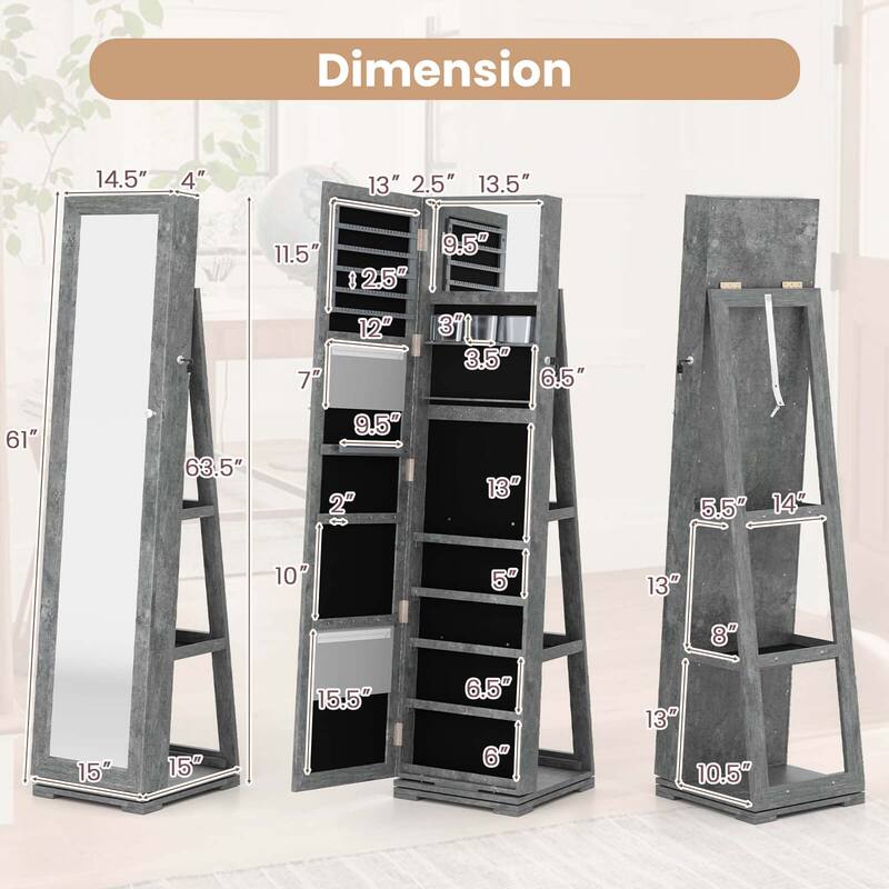 Costway 360degree Rotatable Jewelry Cabinet 2-in-1 Lockable Mirrored - See Details
