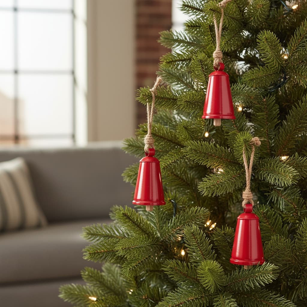 HomeRoots Set of Four Red And Natural Holiday Bell Shaped Ornaments