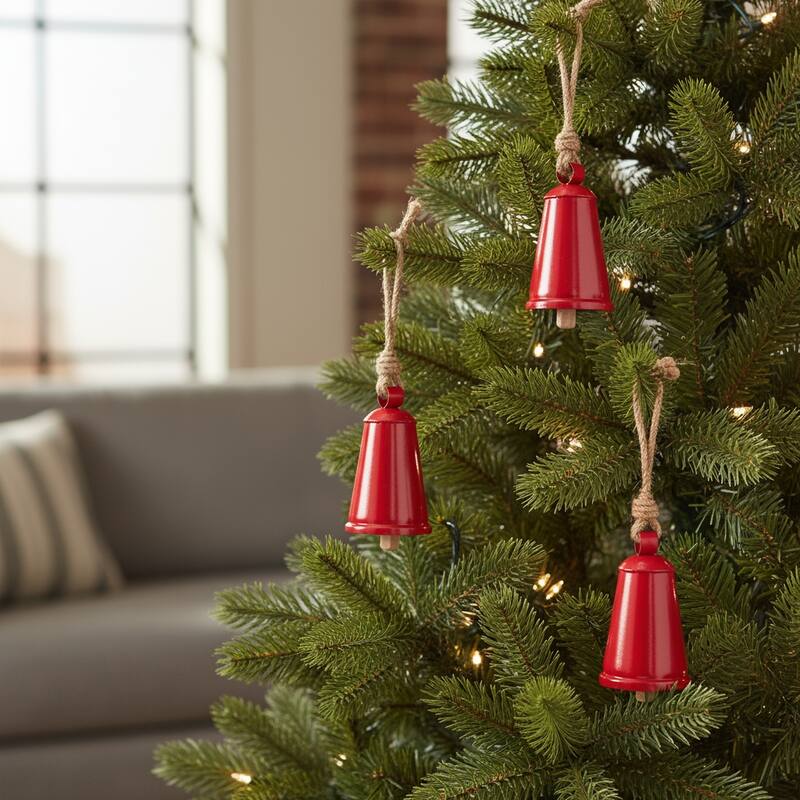 HomeRoots Set of Four Red And Natural Holiday Bell Shaped Ornaments - Metal - Brown/Red
