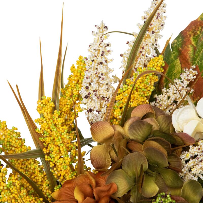 White Orange Hydrangea Artificial Fall Harvest Twig Wreath, 28", Unlit