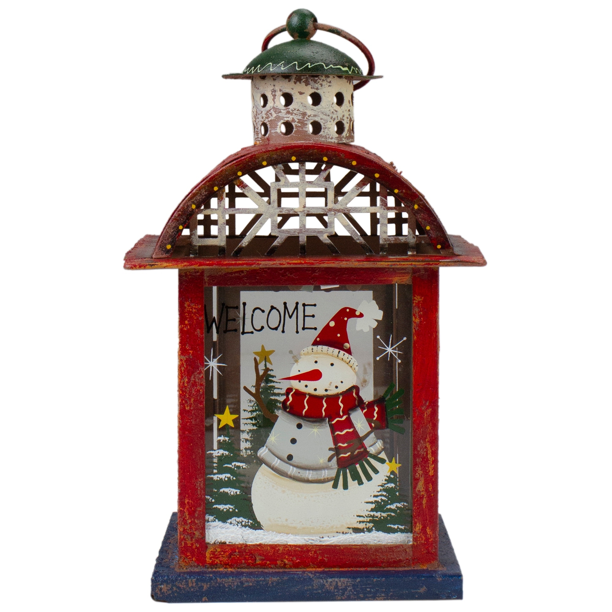 Red White and Gray Snowman "WELCOME" Christmas Lantern 9.75"