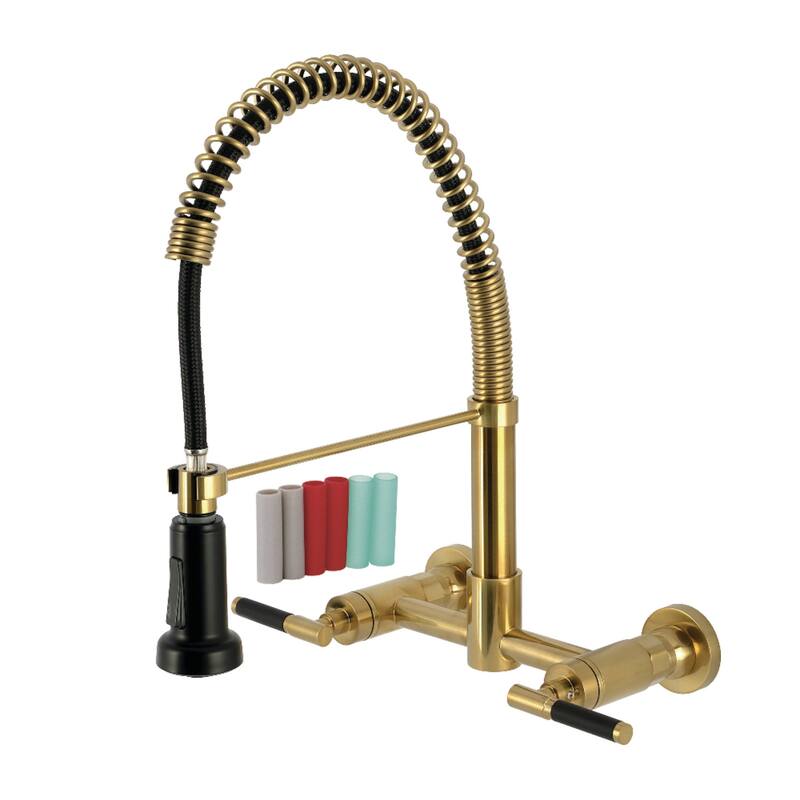 Kingston Brass Essex Double-Handle Wall-Mount Pre-Rinse Bridge Kitchen Faucet - Brushed Brass