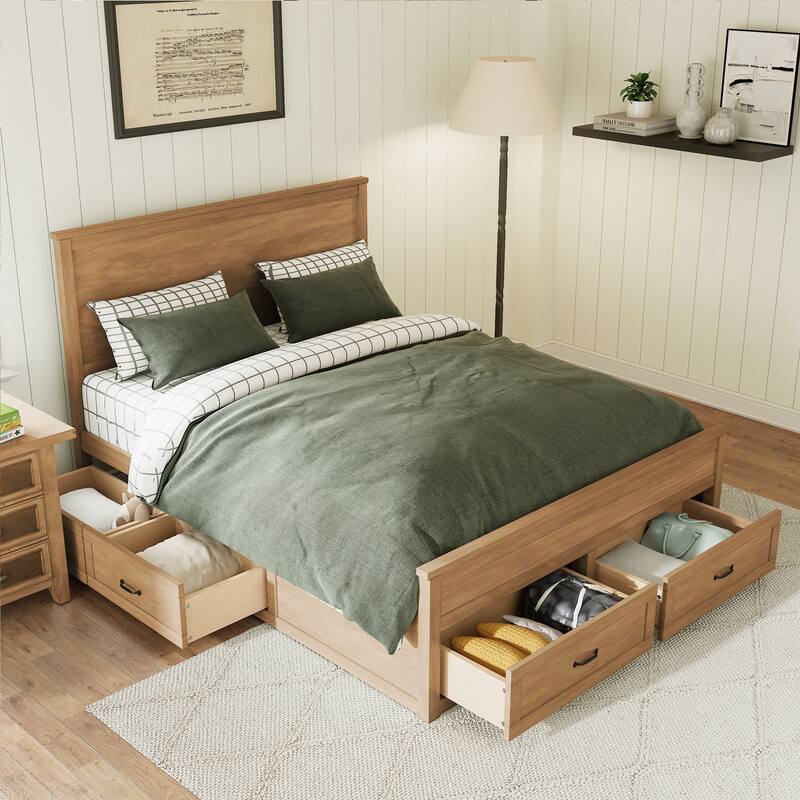 Modern Queen Size Wood Storage Bed Frame with 6 Drawers