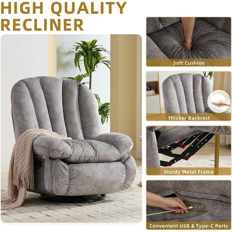 Shell Shape Power Recliner Chair, Chenille Fabric Swivel Rocker Recliner with Bluetooth Speaker