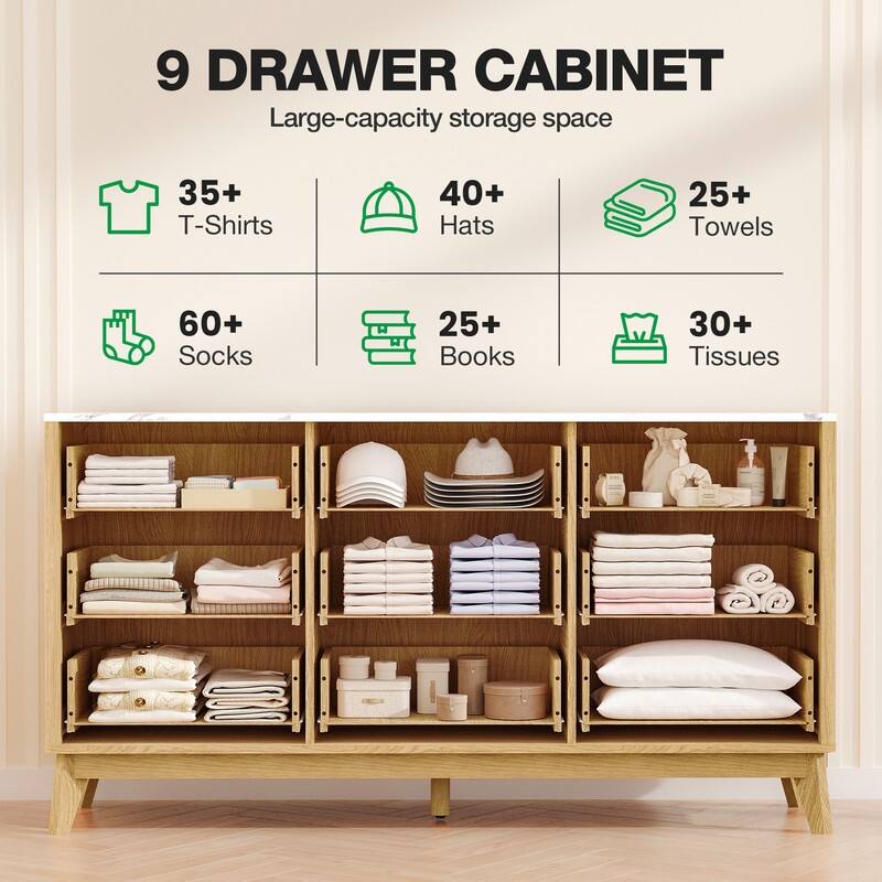 57" Wooden Buffet Cabinet With Faux Marble Top & Fluted Chest Of Drawers With Curved Edges