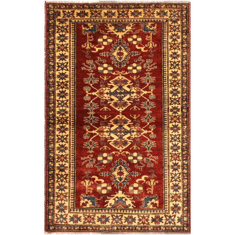 Rustic Super Kazak Zephyr Red/Gold Hand Knotted Wool Rug - 4'0'' x 5'7''