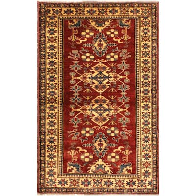 Rustic Super Kazak Zephyr Red/Gold Hand Knotted Wool Rug - 4'0'' x 5'7''