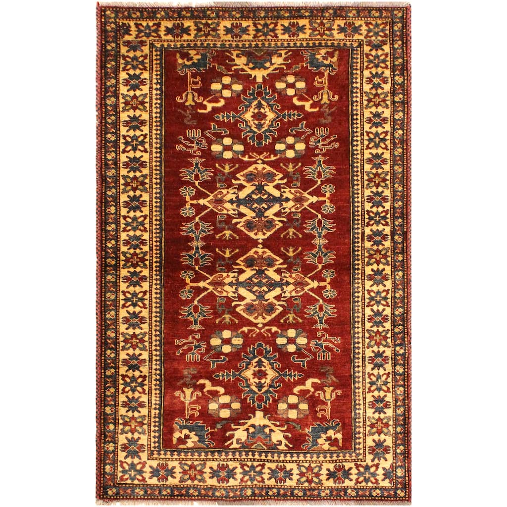 Rustic Super Kazak Zephyr Red/Gold Hand Knotted Wool Rug - 4'0'' x 5'7''