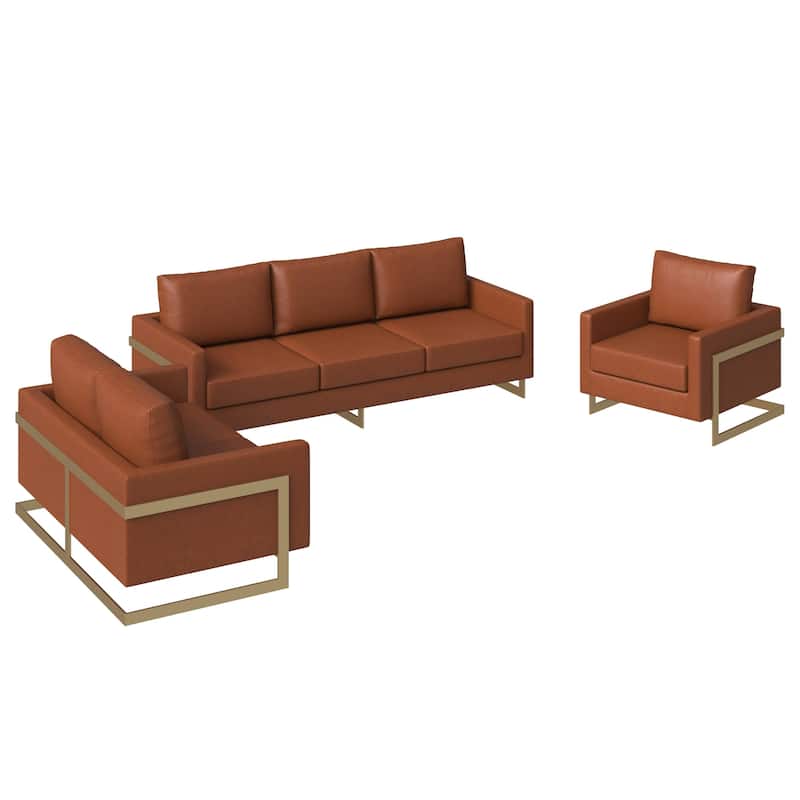 3-Piece Leather Sofa Set with Gold Stainless Steel Base and Removable Cushions - Cognac Tan