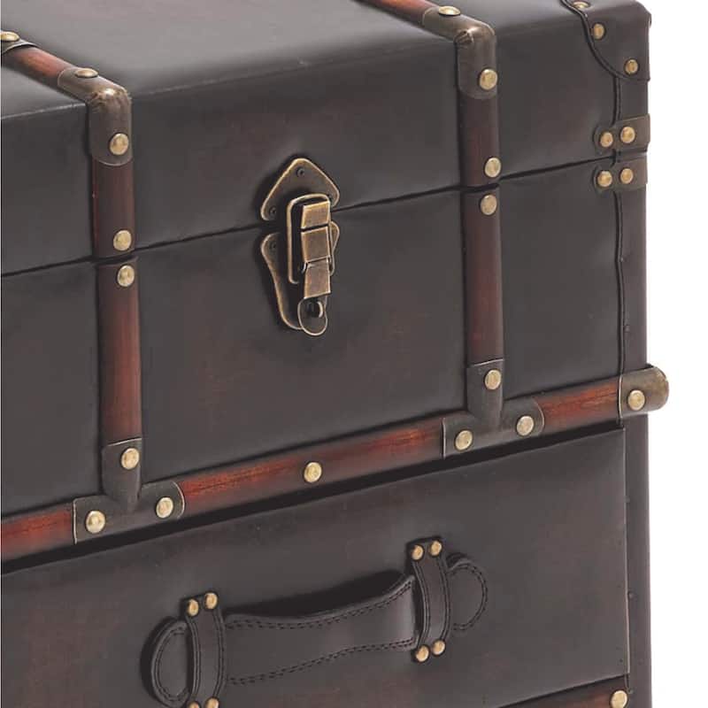 Faux Leather Vintage 2 Drawer Accent Table with Buckle Hinged Top - Dark Brown - Roche River Decor