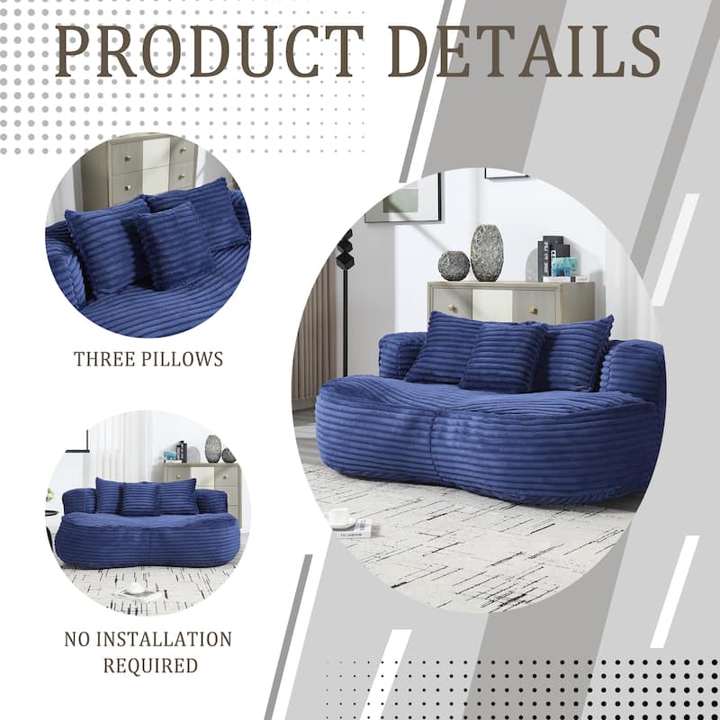 Corduroy Bean Bag Chair, Foam-Filled Lazy Floor Sofa with 3 Pillows, Soft Upholstered Lounge Chair for Adults & Teens