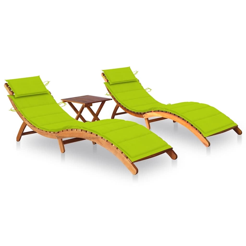 Two neon green sun loungers with small wooden table between